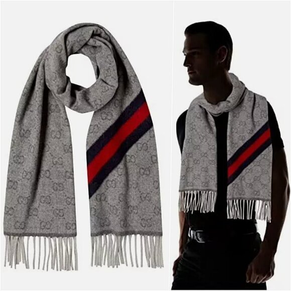 Gucci Men GG Web Wool Scarf Grey NWOT*f - Picture 1 of 8